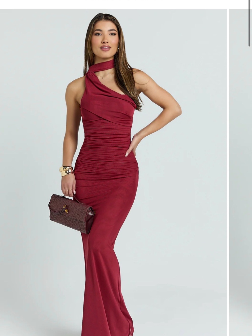 Showpo Wine One-Shoulder Ruched Gown